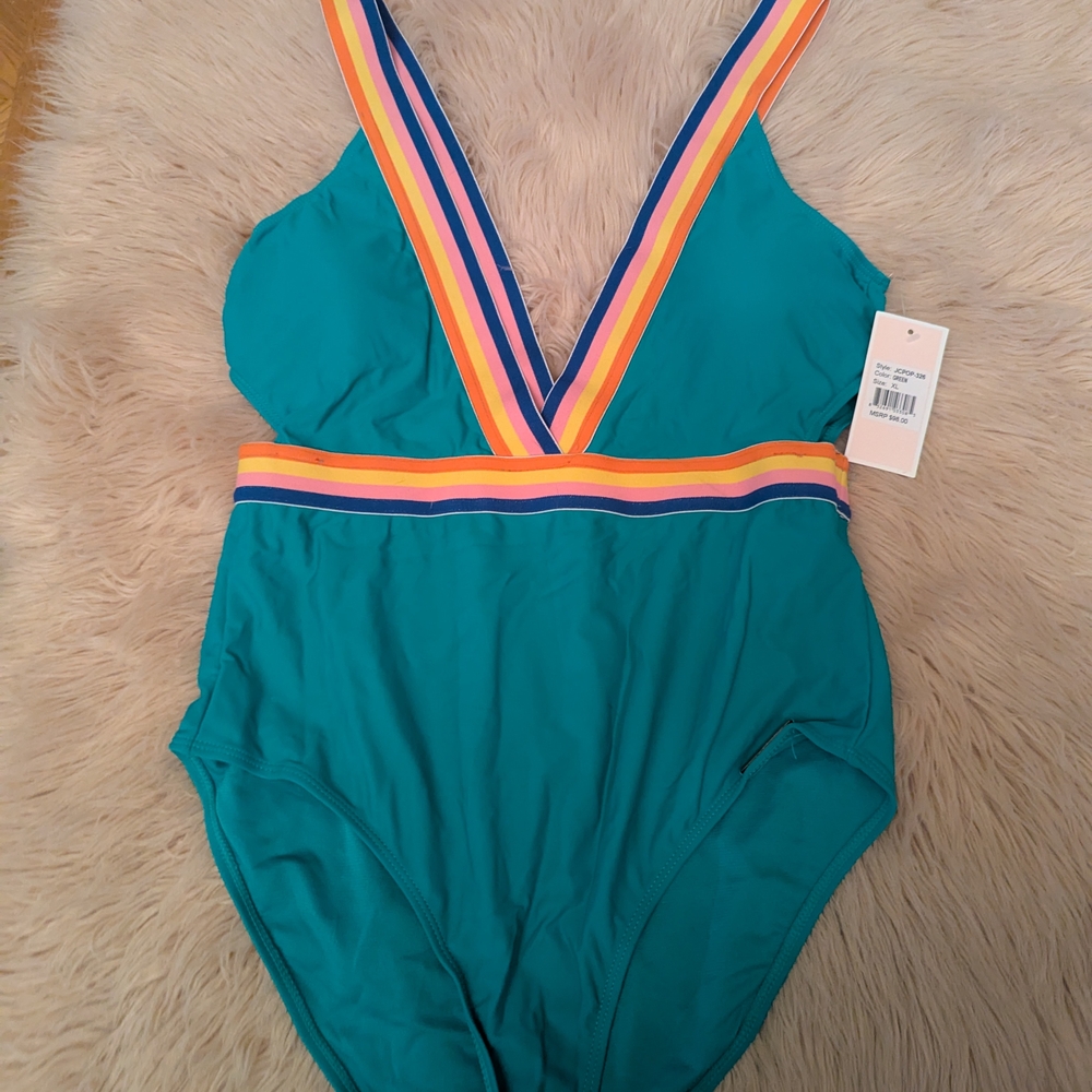 Juicy Couture Teal One Piece Swimsuit with Rainbow Stripes